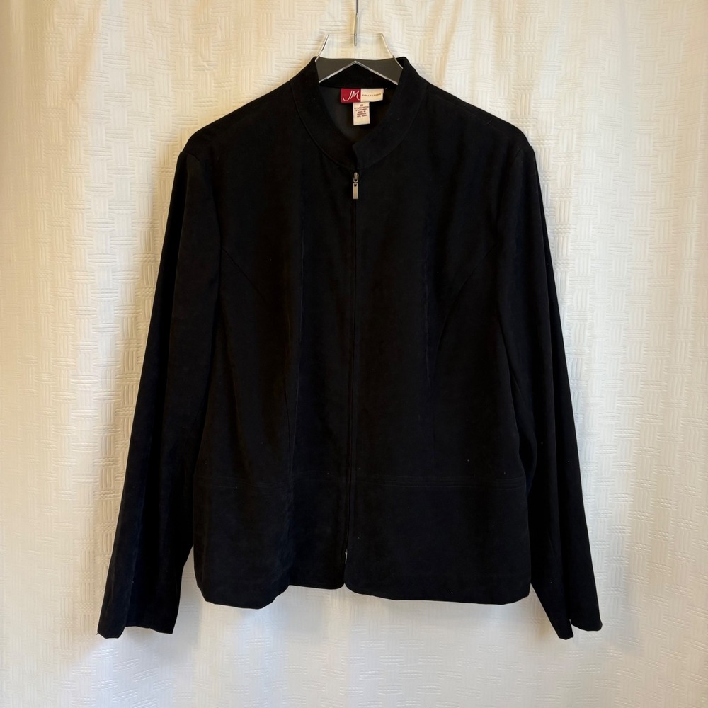 JM Collection Womens Black Faux Suede Zip Up Jacket Mock Neck Size 18